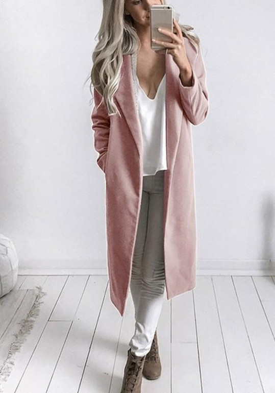 Pink Plain Pockets Turndown Collar Fashion Coat