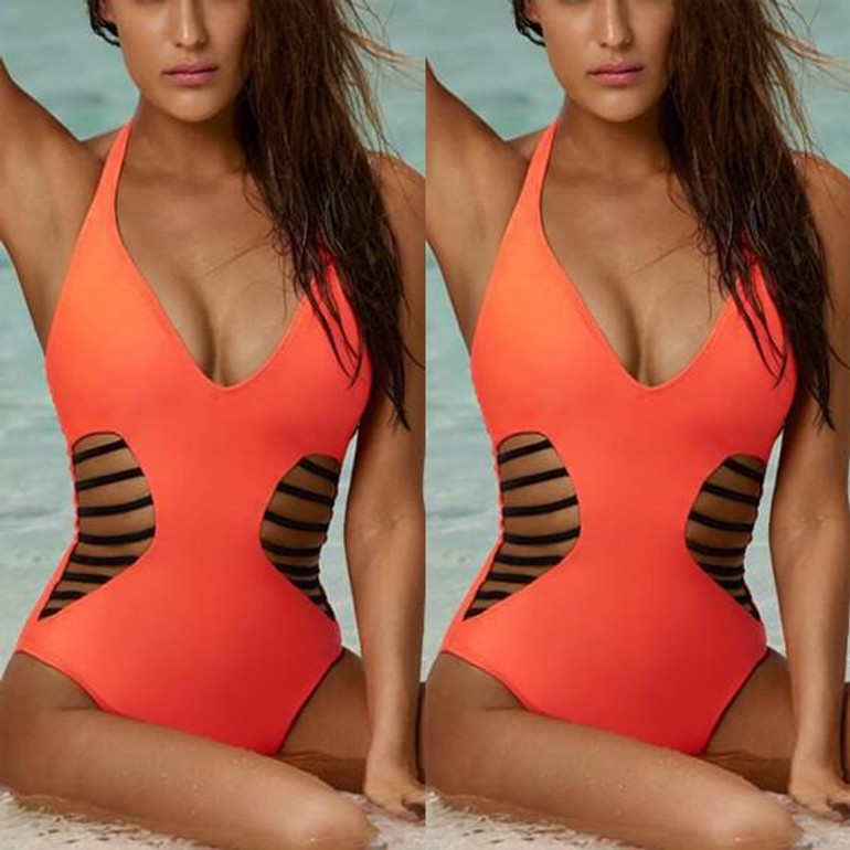 Orange Cut Out Open Back Halter Neck Plunging Neckline Swimwear