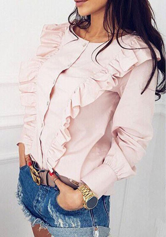 Pink Striped Buttons Ruffle Round Neck Fashion Blouse