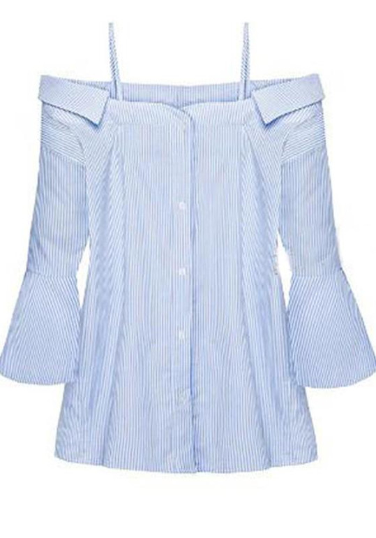Blue Striped Shoulder-Strap Boat Neck Bell Sleeve Fashion Blouse