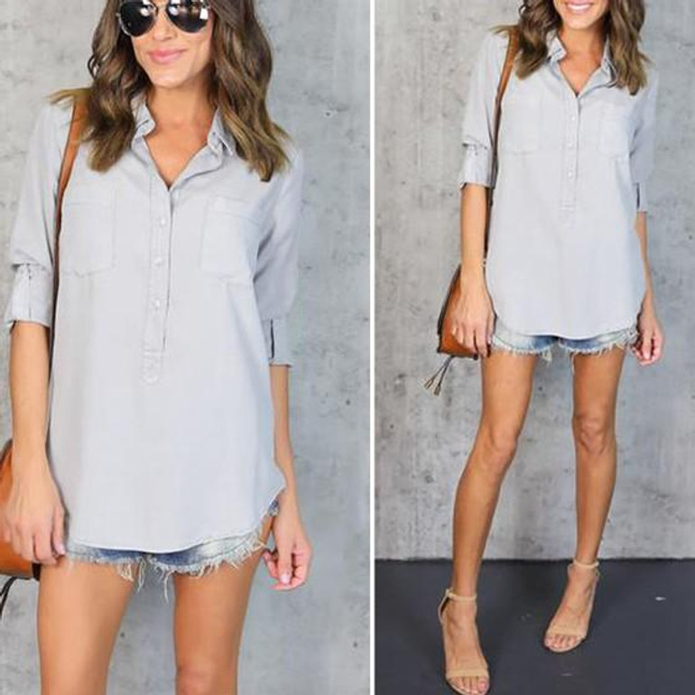 Grey Plain Single Breasted V-neck Casual Blouse Grey Plain Single Breasted V-neck Casual Blouse