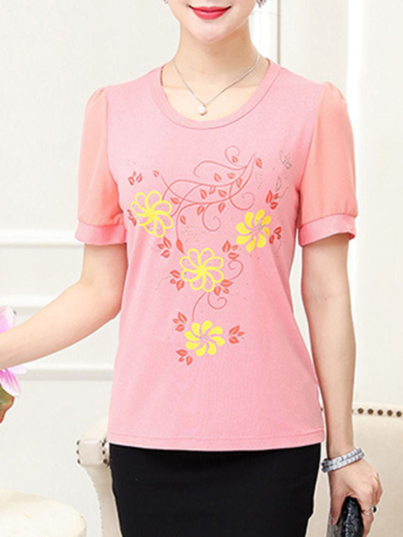 Casual Floral Printed Round Neck Short Sleeve T-Shirt