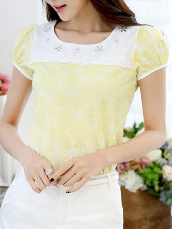 Casual Round Neck Rhinestone Decorative Lace Puff Short Sleeve T-Shirt