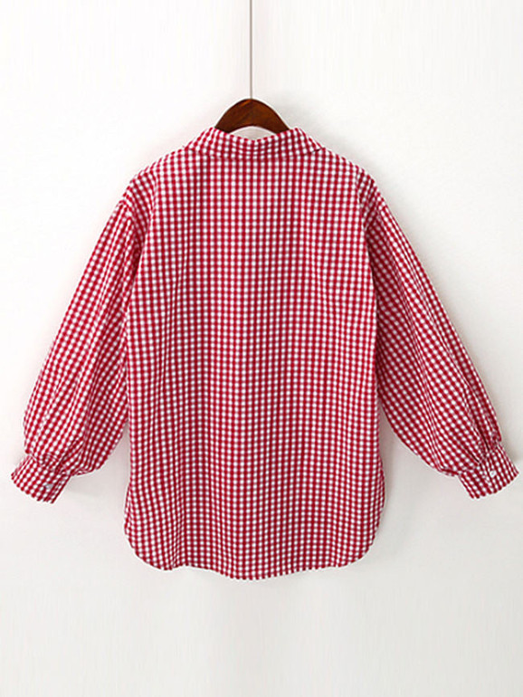 Casual Red Plaid Puff Sleeve Oversized Blouse