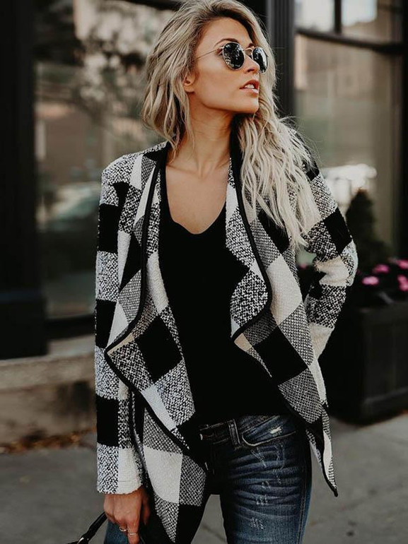 Fashion Plaid Lapel Long Sleeves Outwears Tops