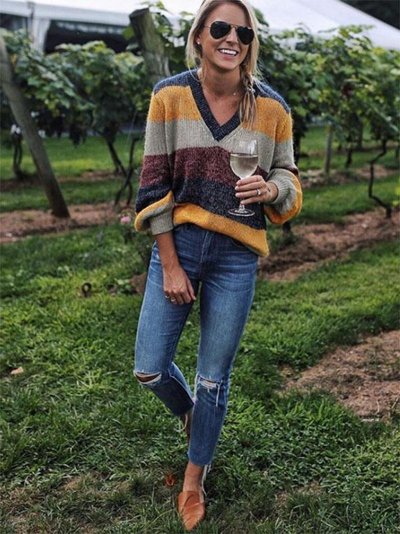 V-neck Knitting Striped Loose Sweater Tops