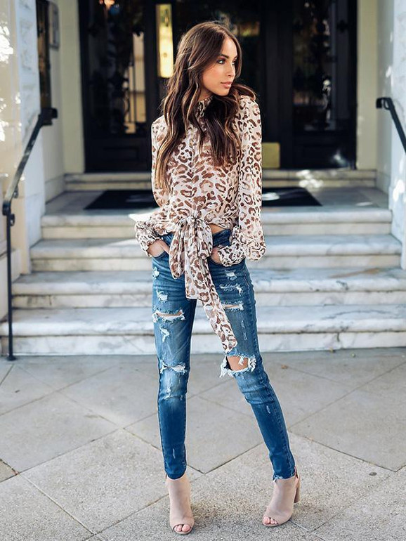 Leopard Print Bow-embellished Blouses&Shirts Top
