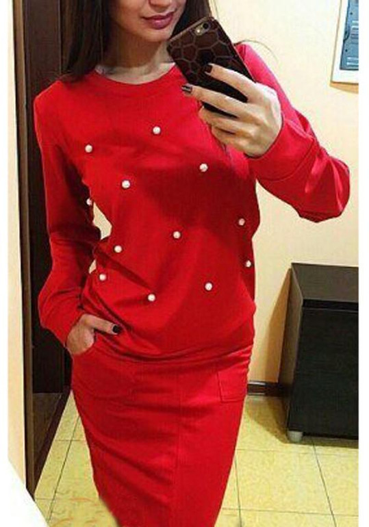 Red Pearl Round Neck Long Sleeve Slim Fashion Sweatshirt