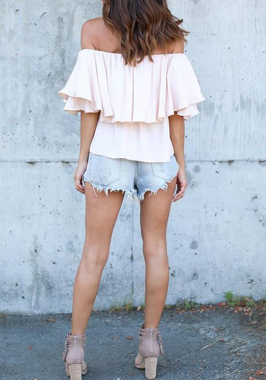 Beige Ruffle Off Shoulder Boat Neck Short Sleeve Blouse