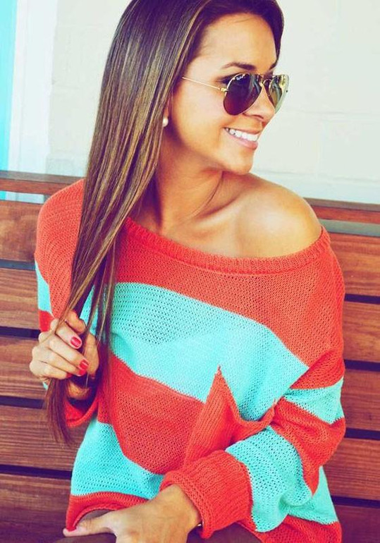 Nacarat Striped Pockets Round Neck Streetwear Acrylic Pullover Sweater