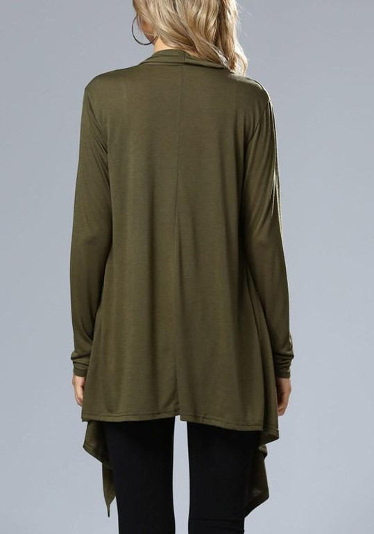 Army Green Irregular Plunging Neckline Long Sleeve Coat