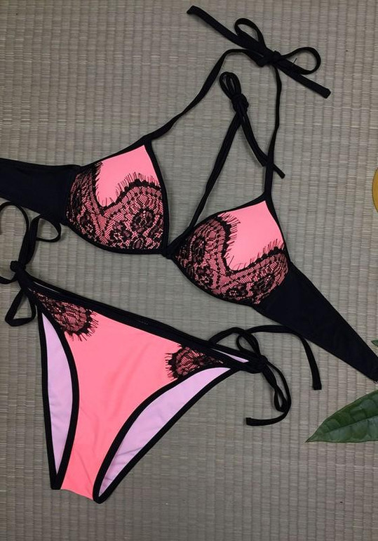 Pink Patchwork Lace Condole Belt Crop 2-in-1 Fashion Swimwear