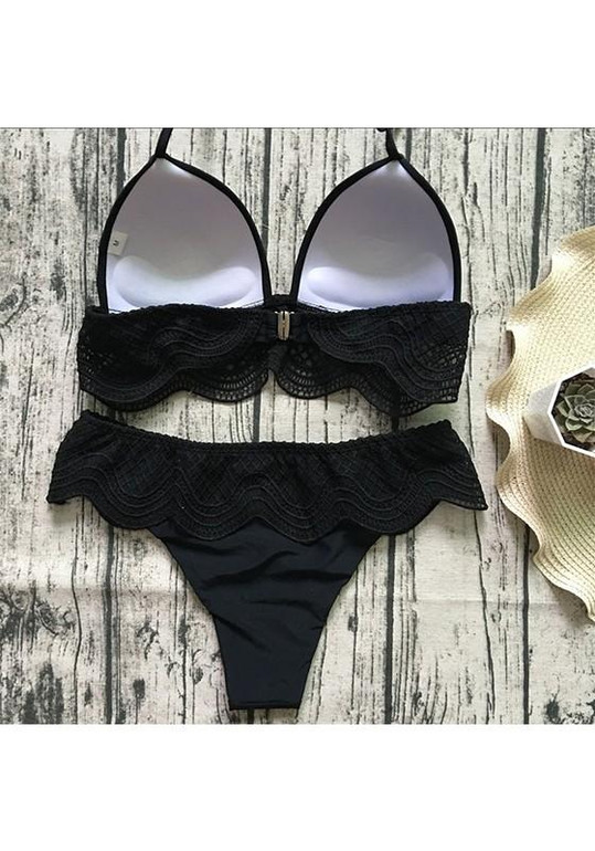 Black Patchwork Lace Cut Out Tie Back 2-in-1 V-neck Fashion Swimwear Black Patchwork Lace Cut Out Tie Back 2-in-1 V-neck Fashion Swimwear