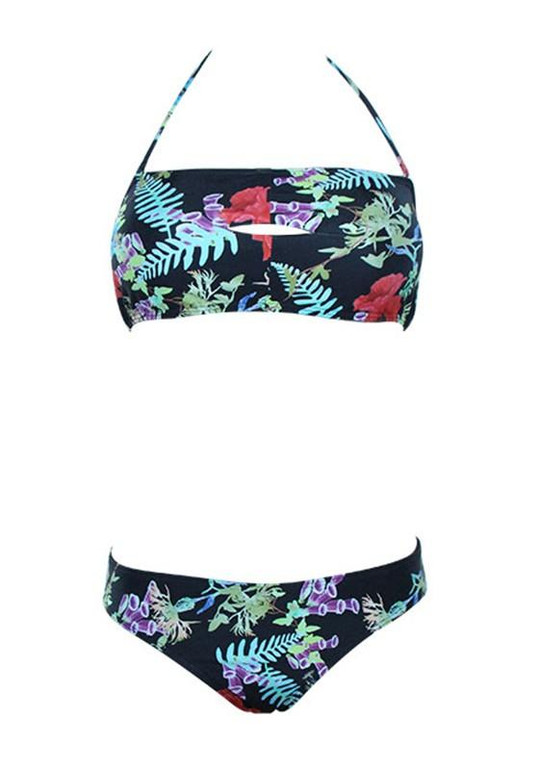 Black Floral Bandeau Cut Out Drawstring 2-in-1 Fashion Swimwear