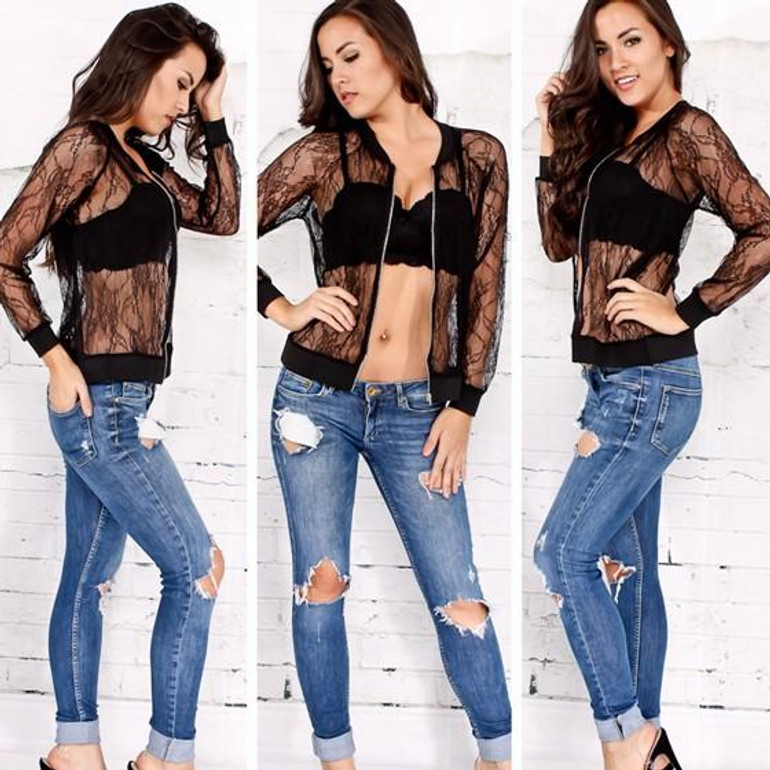 Black Patchwork Lace Round Neck Zipper Casual Coat