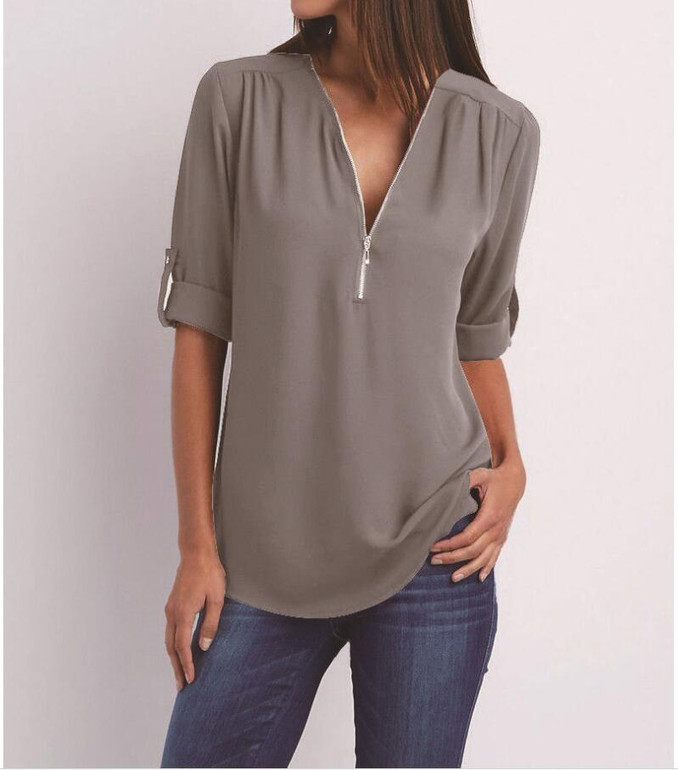 Grey Zipper Buttons V-neck Casual Blouse