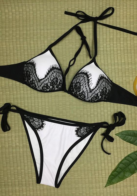 White Patchwork Lace Condole Belt Crop 2-in-1 Fashion Swimwear