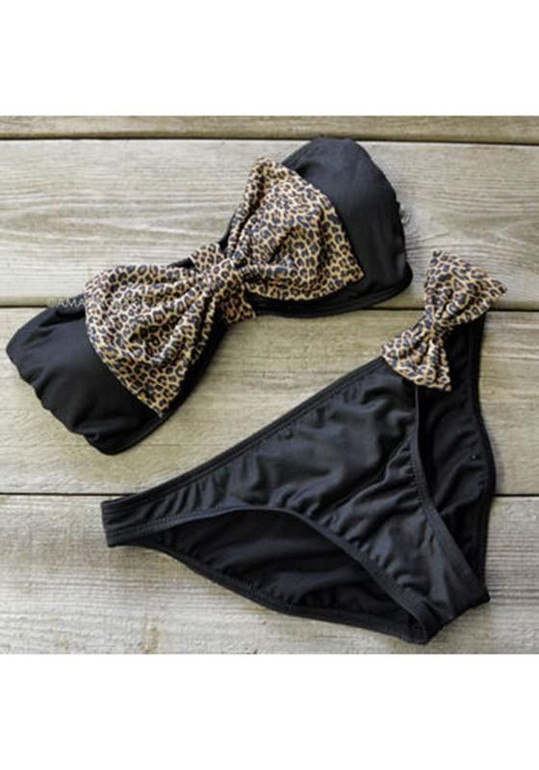 Black Patchwork Bow Bandeau Two Piece Slim Swimwear