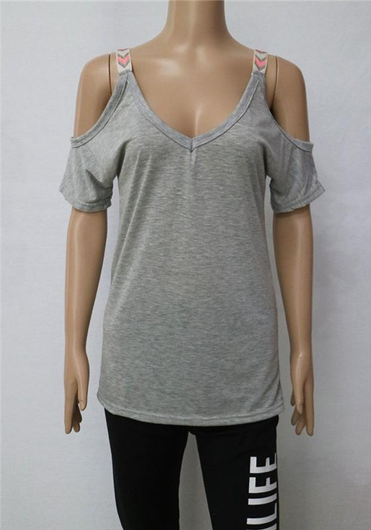 Grey Off-Shoulder Deep V Short Sleeve Casual T-Shirt