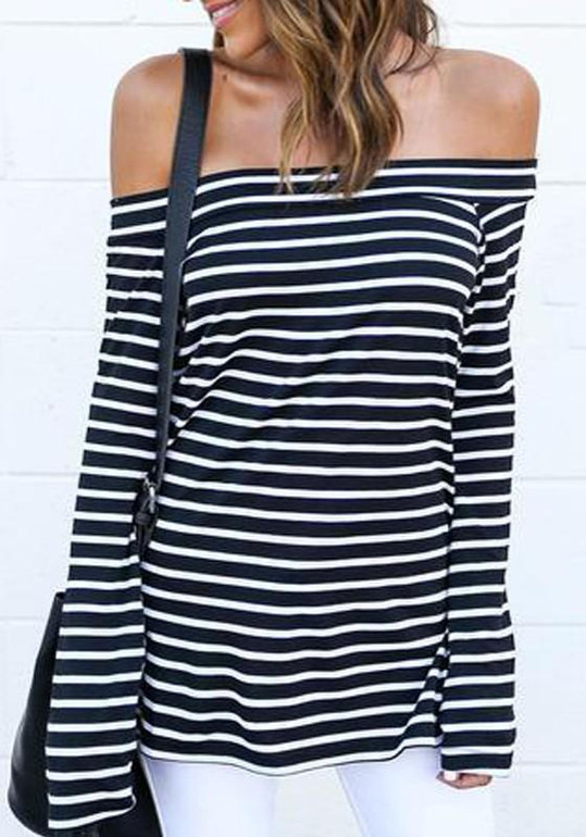 Black-White Striped Boat Neck Off Shoulder Double Slit Fashion T-Shirt