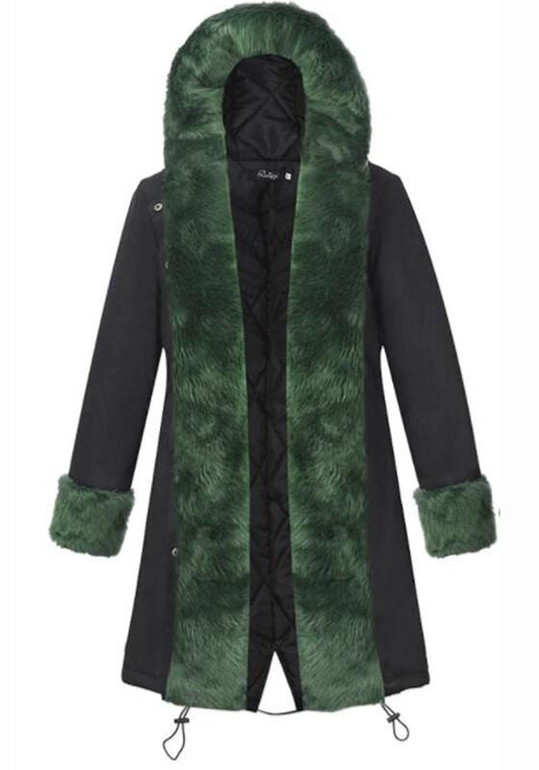 Black Patchwork Drawstring Irregular Hooded Long Sleeve Faux Fur Thick Coat