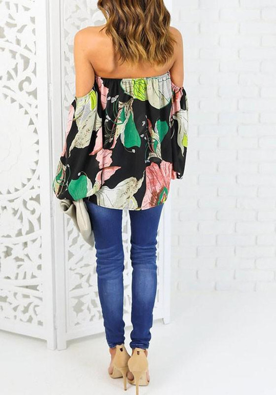 Green Flowers Print Cut Out Boat Neck Fashion T-Shirt