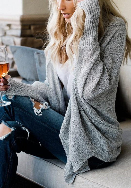 Grey Irregular High-low Oversize Going out Casual Cardigan Sweater