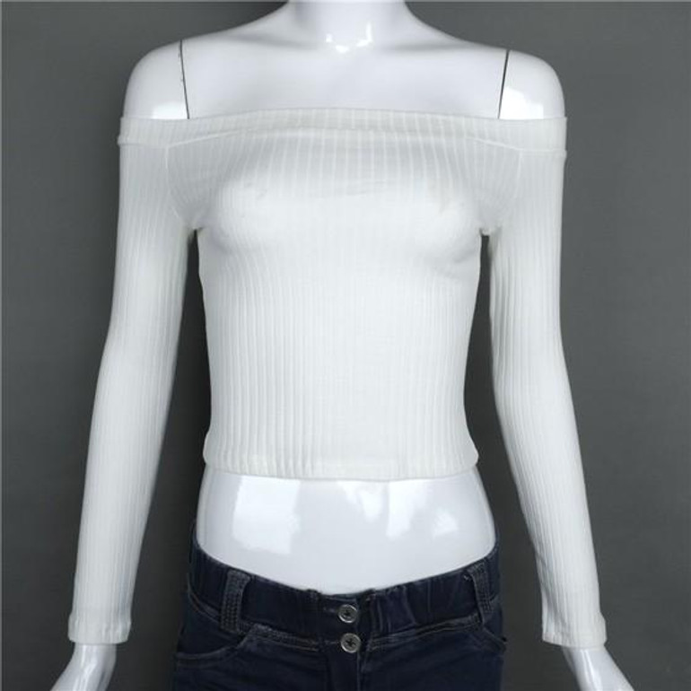White Off Shoulder Boat Neck Fashion Cotton Crop T-Shirt