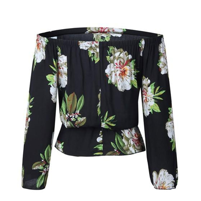 Black Floral Print Boat Neck Fashion Cotton Blouse