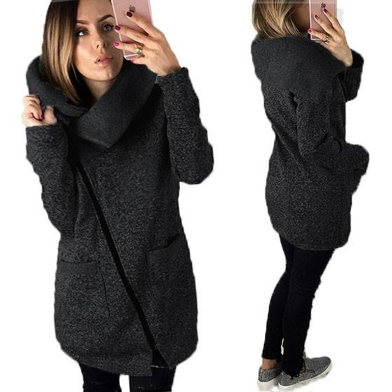 Dark Grey Pockets Turndown Collar Zipper Casual Cotton Coat
