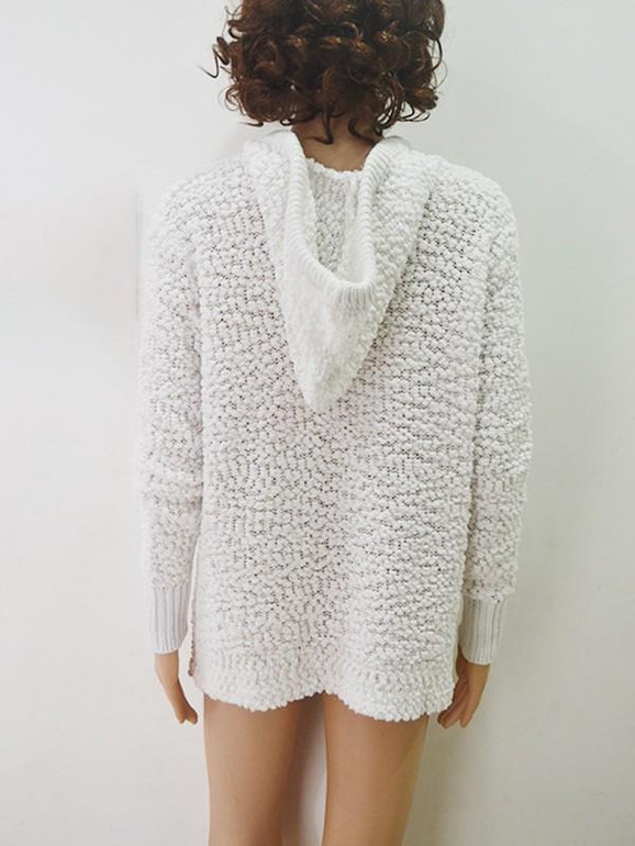 New White Drawstring Hooded Long Sleeve Fashion Pullover Sweater