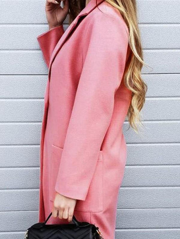 New Pink Buttons Pockets Turndown Collar Long Sleeve Casual Outerwear