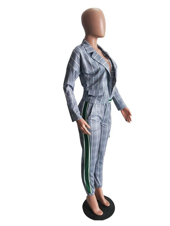 New Grey Striped Patchwork Pockets Long Sleeve Elastic Waist Two Piece Streetwear Jumpsuit Pants