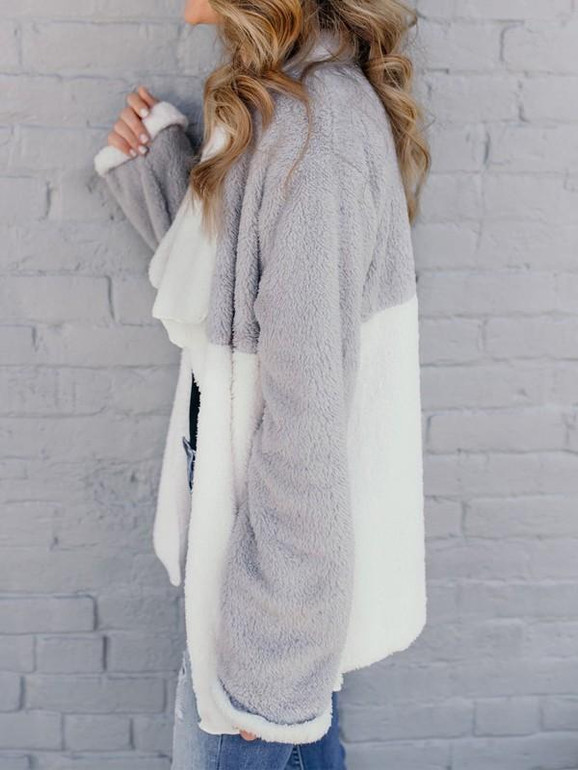 New Grey Patchwork Draped Turndown Collar Long Sleeve Fashion Outerwear