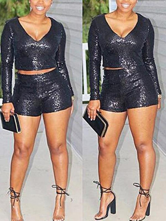 New Black Patchwork Sequin Two Piece Deep V-neck Long Sleeve Clubwear Short Jumpsuit