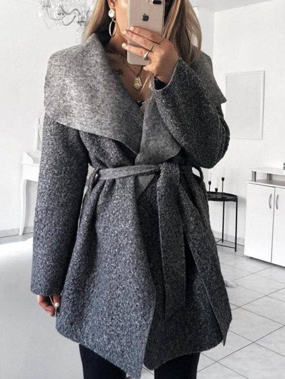 New Grey Sashes Irregular Turndown Collar Long Sleeve Casual Coat