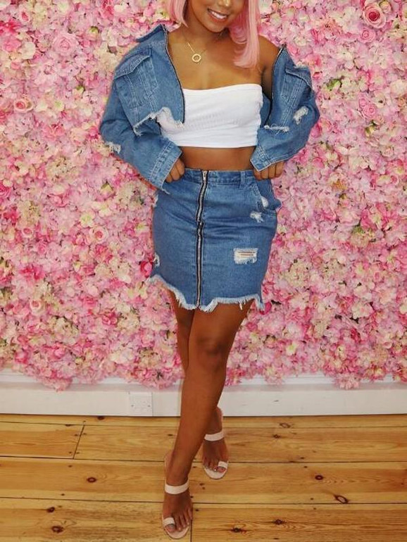 Blue Zipper Pockets Ripped Destroyed Turndown Collar Casual Denim Coat
