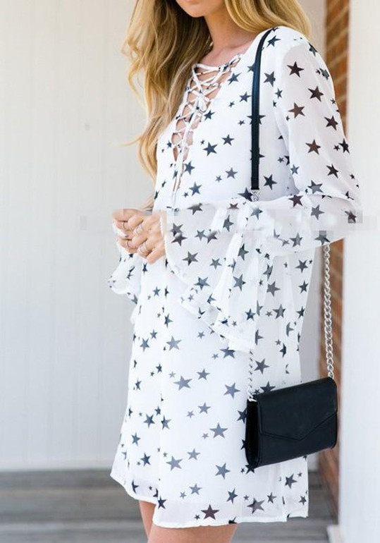 Casual White Galaxy Print Drawstring V-neck Long Sleeve Mini Dress