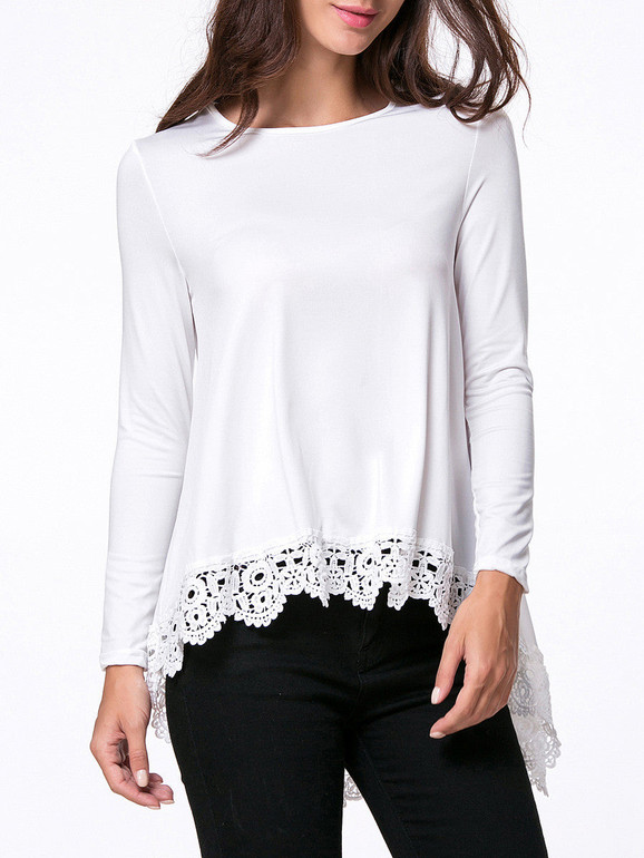 Casual Round Neck Decorative Lace Plain High-Low Long Sleeve T-Shirt