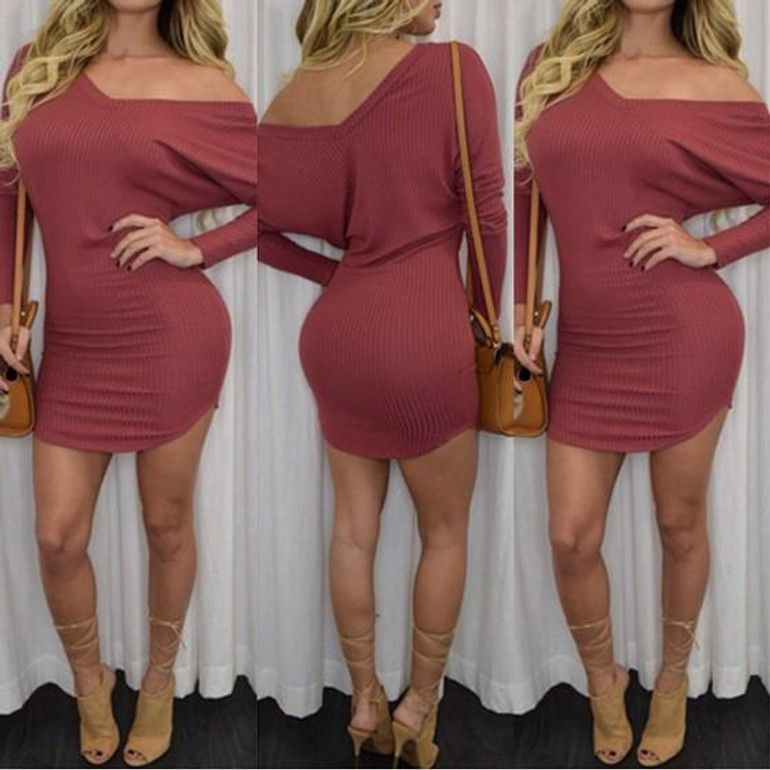 Casual Red Plain Irregular V-neck Long Sleeve Slim Mini Dress