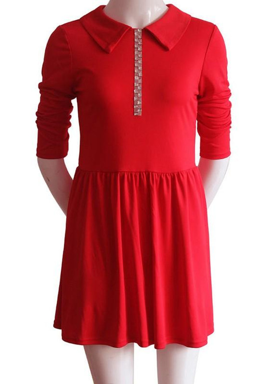Casual Red Plain Draped Diamond Turndown Collar Long Sleeve Mini Dress