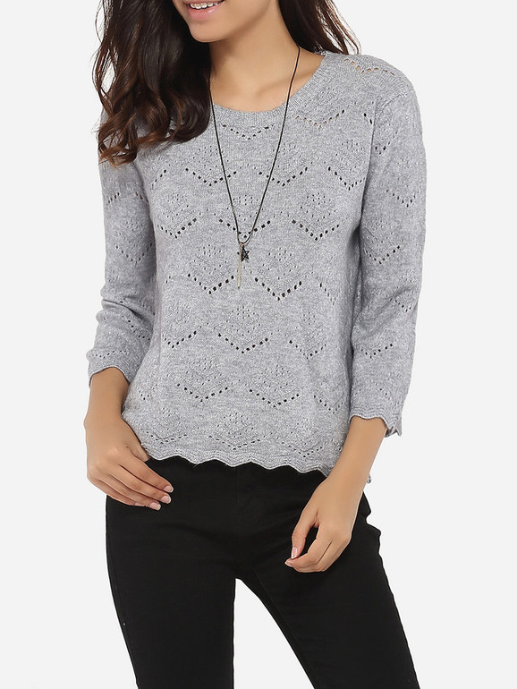 Casual Loose Fitting Round Neck Knit Hollow Out Plain Sweater Casual Loose Fitting Round Neck Knit Hollow Out Plain Sweater