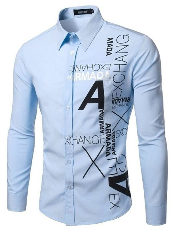 Casual Letter Small Lapel Long Sleeve Men's Shirt Casual Letter Small Lapel Long Sleeve Men's Shirt