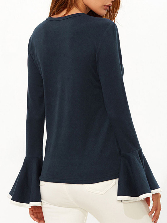 Casual Crew Neck Contrast Trim Bell Long Sleeve T-Shirt