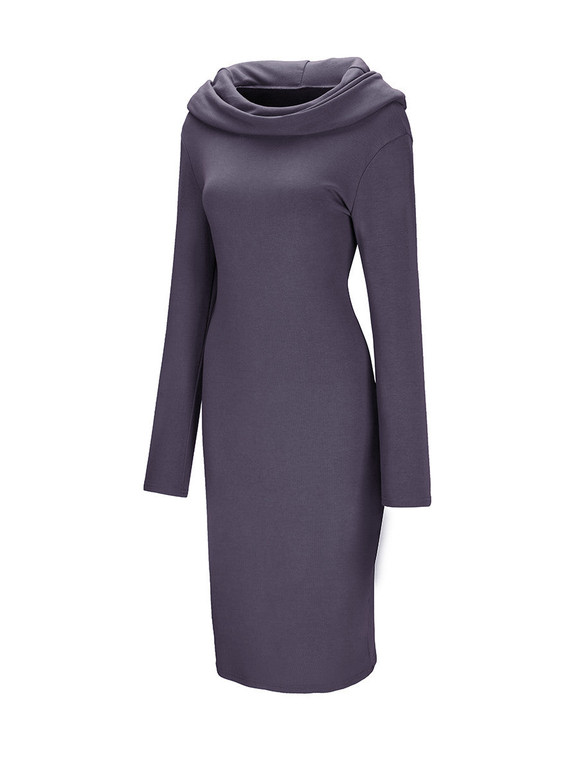 Casual Cowl Neck Plain Long Sleeve Bodycon Dress