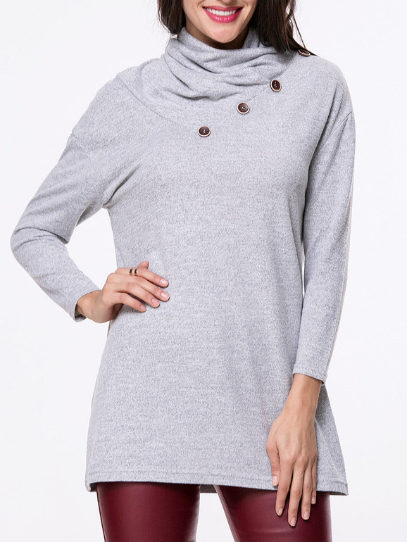 Casual Cowl Neck Decorative Button Plain Sweater