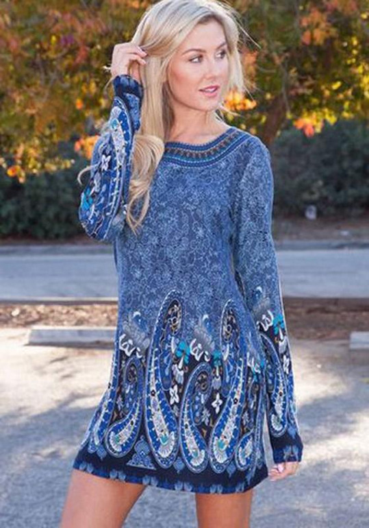 Casual Blue Tribal Floral Print Round Neck Long Sleeve Vintage Mini Dress