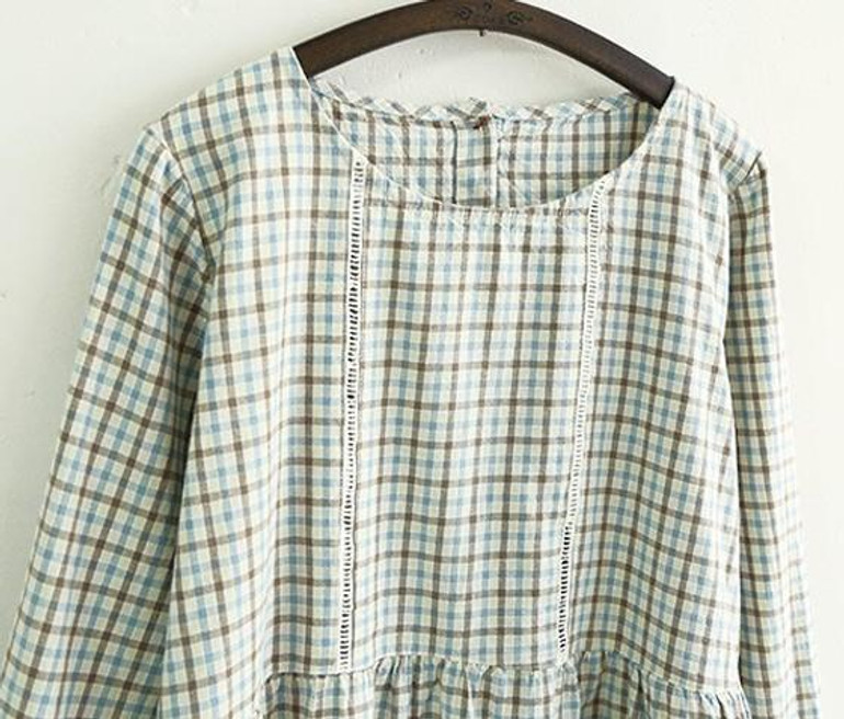 Casual Blue Plaid Print Buttons Long Sleeve Dress
