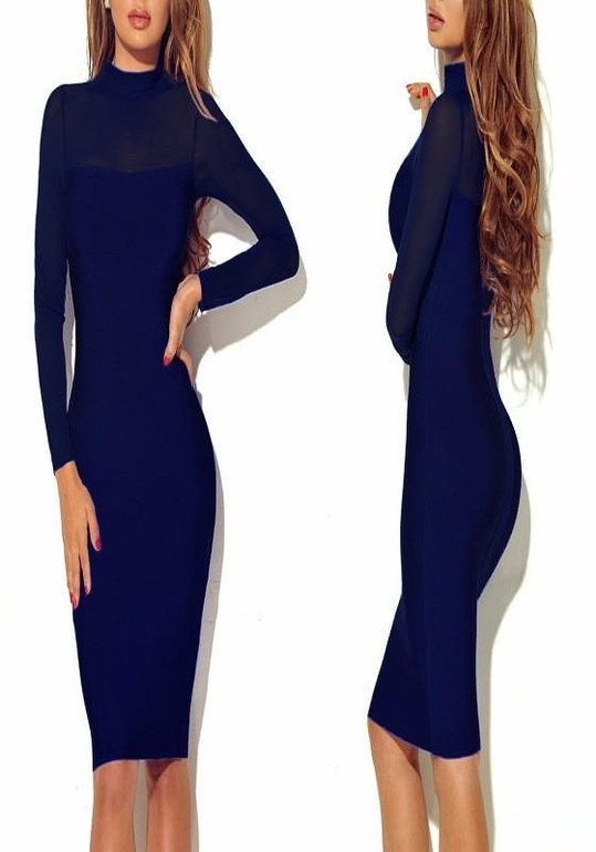 Sapphire Blue Patchwork Grenadine Prom Evening Party Bodycon Long Sleeve Midi Dress