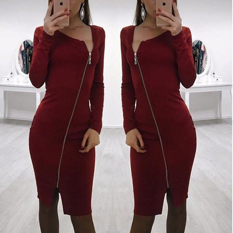 Red Zipper Cut Out Long Sleeve Fashion Midi Dress